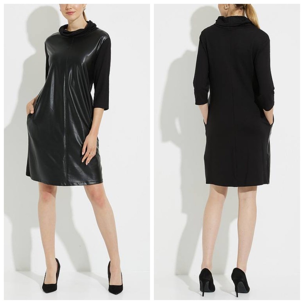 NEW Joseph Ribkoff Leatherette faux leather front Dress Size 16 black boho